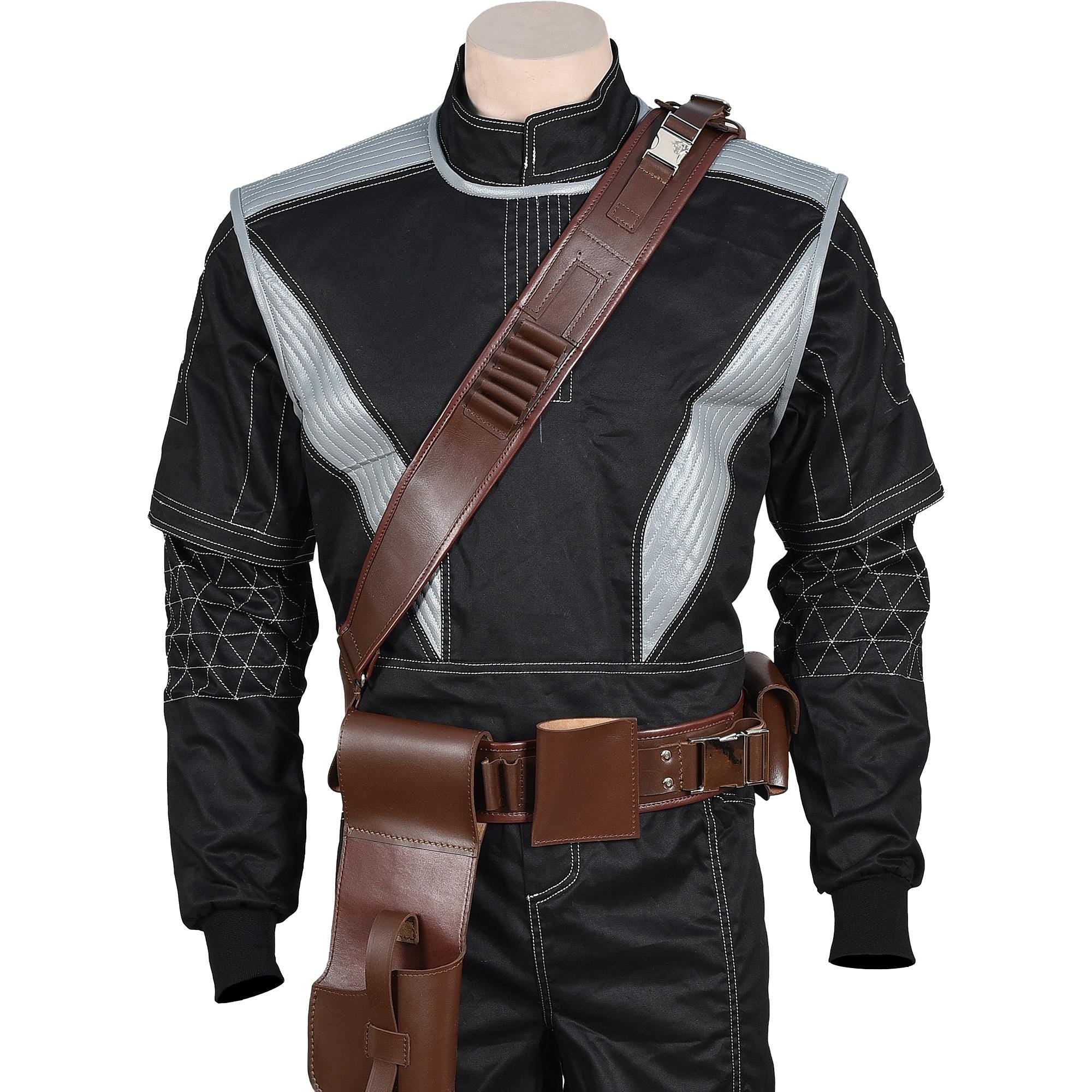 Mandalorian Star War Inspired By Boba Fett Black Flight Suit With Flak Vest | Mandalorian Holster 4-Piece Bounty Hunter Cosplay Costume