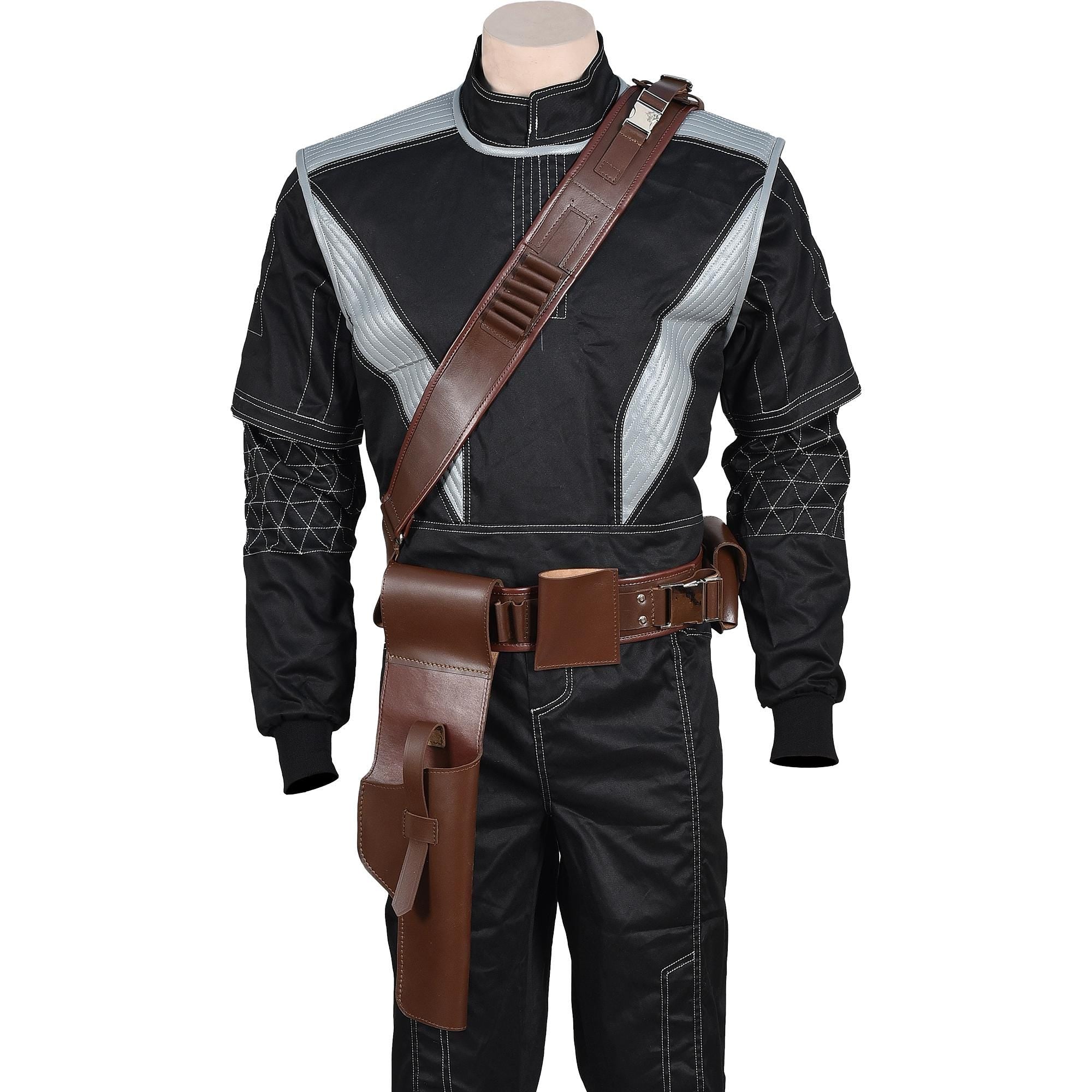 Mandalorian Star War Inspired By Boba Fett Black Flight Suit With Flak Vest | Mandalorian Holster 4-Piece Bounty Hunter Cosplay Costume